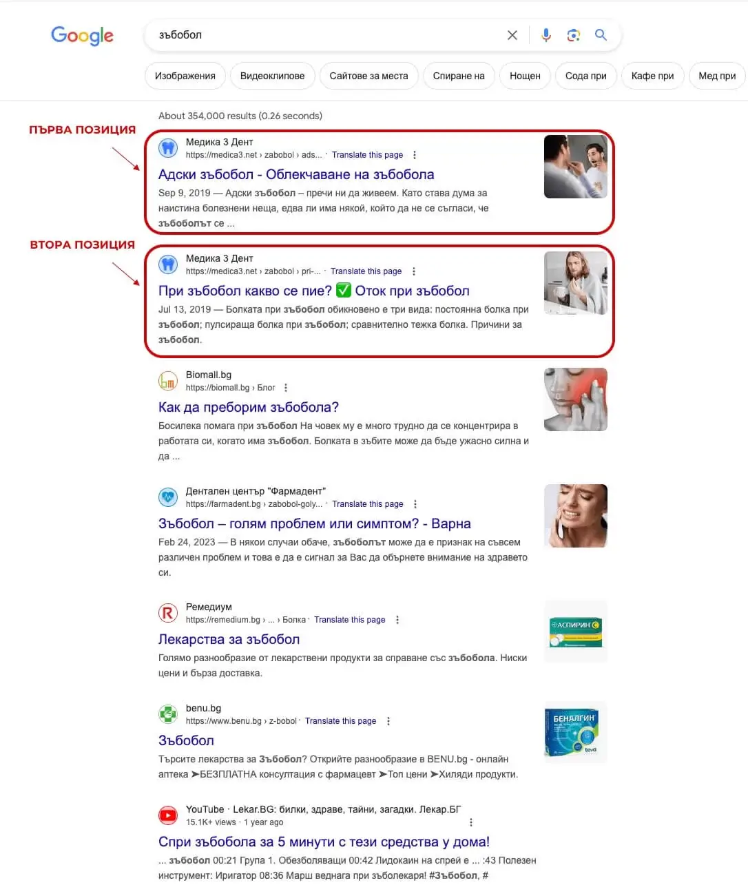 На картинката има уеб сайт, който е направе и оптимизиран от уеб фактор и има първи позиции за България